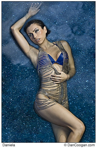 Daniela - Sky blue dreams... floating in a swimming pool wearing a chain dress, Scottsdale, AZ