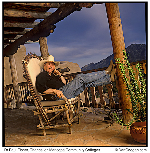 Dr. Paul Elsner, Chancellor, Maricopa Community Colleges, sitting on his porch in Prescott, AZ