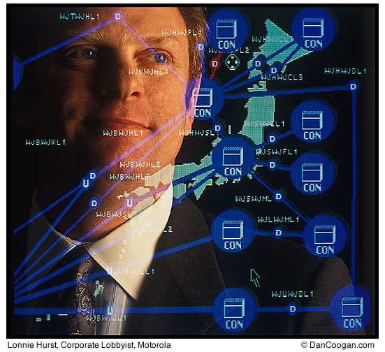 Lonnie Hurst, Corporate Lobbyist, Motorola, in camera double-exposure with computer screen