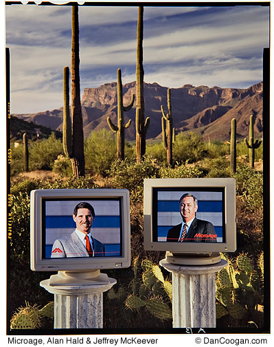 Microage - Alan Hald & Jeffrey McKeever, on computer monitors, on columns in the desert, in camera double-exposure