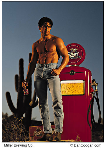 Miller Brewing Company, male modee standing in front of a gas pump filled with beer, advertisement