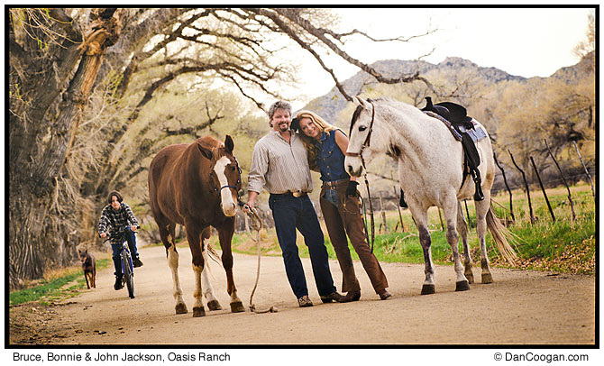 Bruce, Bonnie & John Jackson, with their horses and their Doberman dog on Cottonwood Rd, Skull Valley, AZ